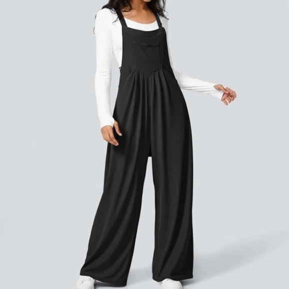 Halara Waffle Knit Adjustable Jumpsuit Overalls Black XL - Picture 1 of 13